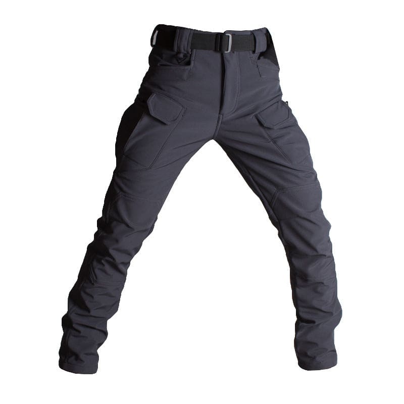 Pair of dark gray tactical or cargo pants with multiple pockets.