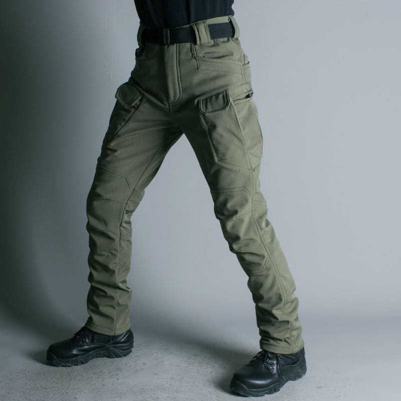 Tactical or military-style cargo pants in olive green color.