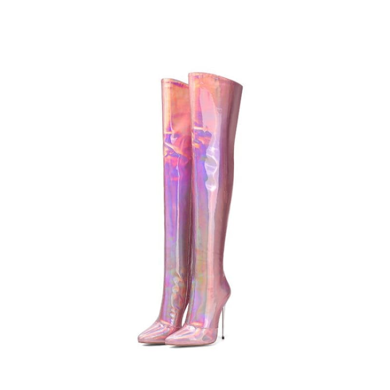 Shiny pink holographic thigh-high stiletto boots.