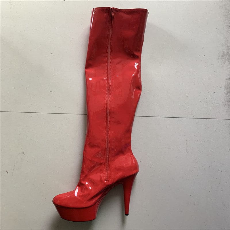 Side Ribbon Lace Up Thigh High Patent Boots In Red or Black - Pleasures and Sins