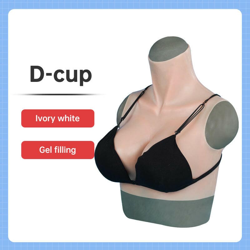 Black bra displayed on a mannequin torso, labeled as D-cup with ivory white color and gel filling.