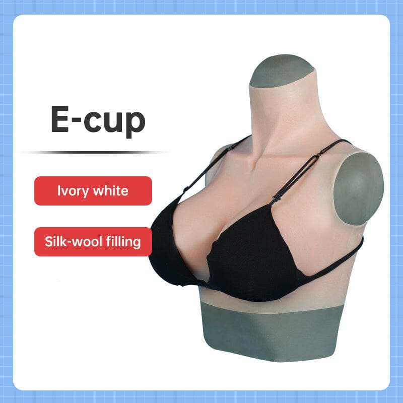 Mannequin torso wearing a black bra, labeled as ’E-cup’ with product details.