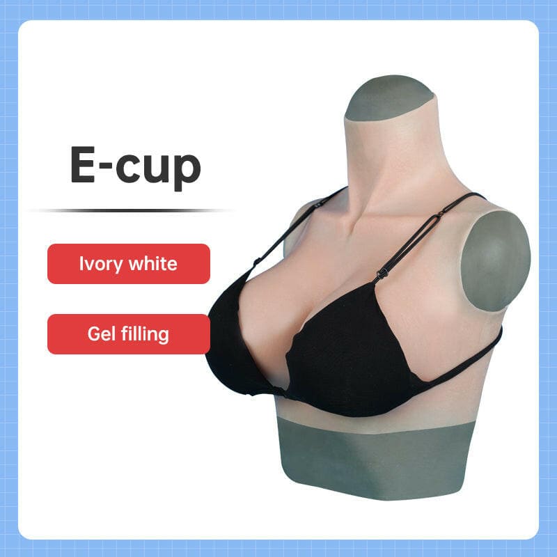 Mannequin torso wearing a black bra, labeled as an ’E-cup’ with ’Ivory white’ and ’Gel filling’ features.