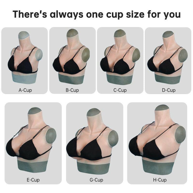 Series of mannequin torsos wearing black bras in increasing cup sizes from A to H.