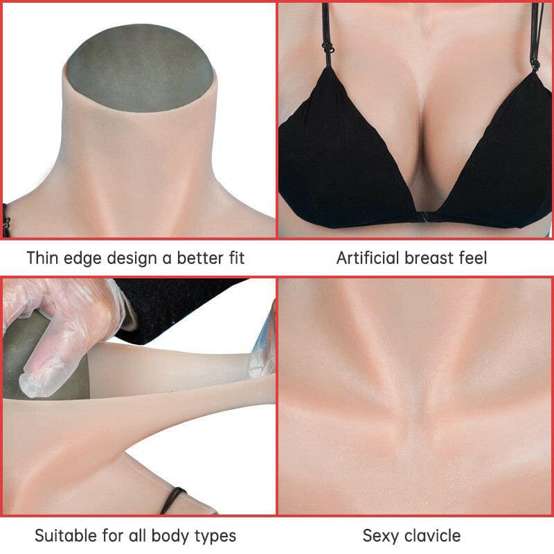 Silicone breast forms or prostheses for enhancing chest appearance.