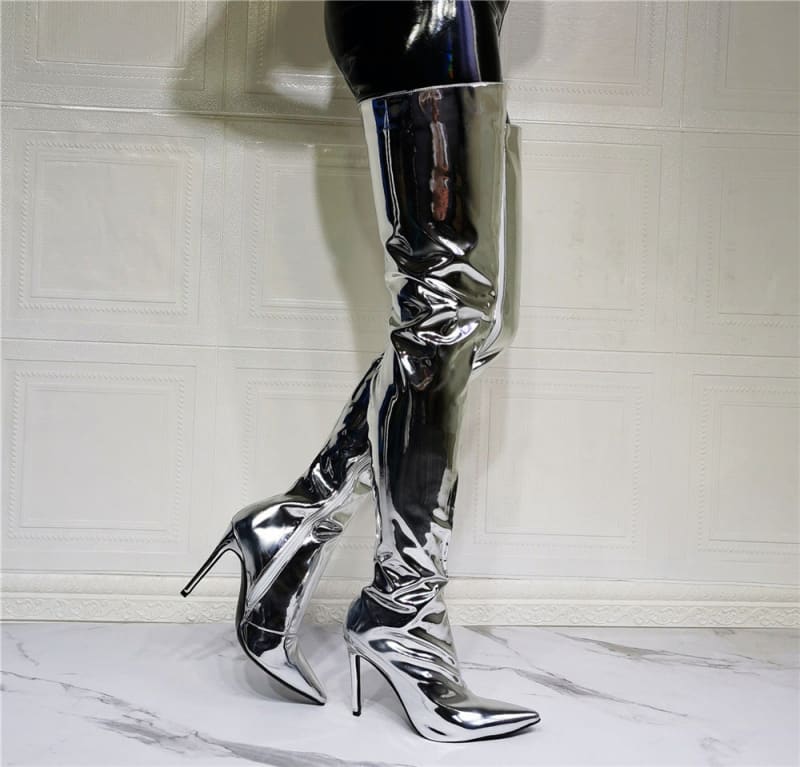 Silver Metallic Stiletto Heel Patent Thigh High Unisex Boots - Pleasures and Sins   Pleasures and Sins