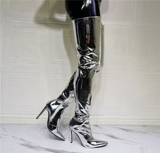 Silver Patent Leather Above Knee Size - Pleasures and Sins