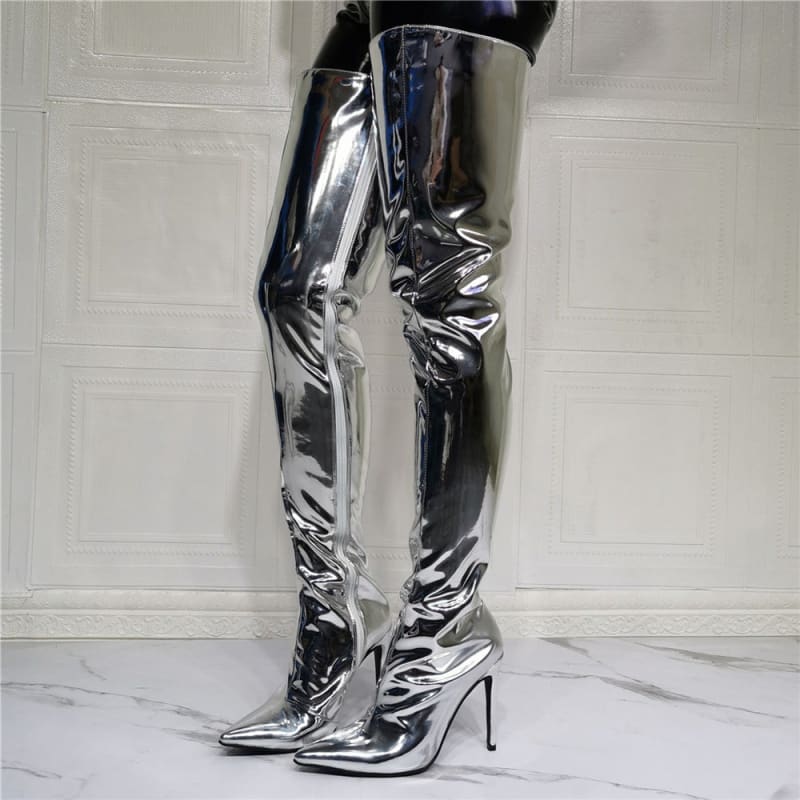 All Gender Fashion Silver Patent Thigh High Stiletto Boots - Pleasures and Sins