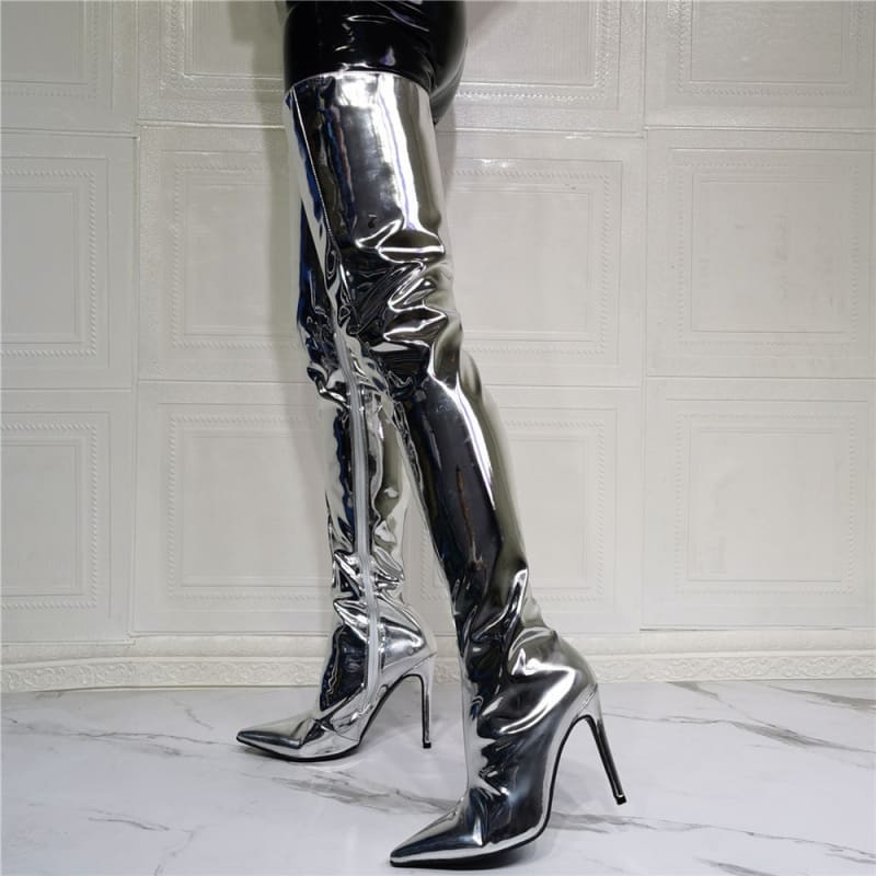 Silver Metallic Stiletto Heel Patent Thigh High Unisex Boots - Pleasures and Sins   Pleasures and Sins