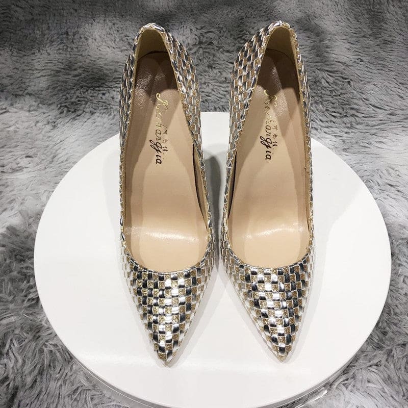 Pair of metallic woven leather high-heeled pumps with pointed toes.