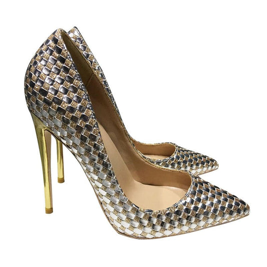 Metallic gold and silver high-heeled pumps with a textured, woven pattern.