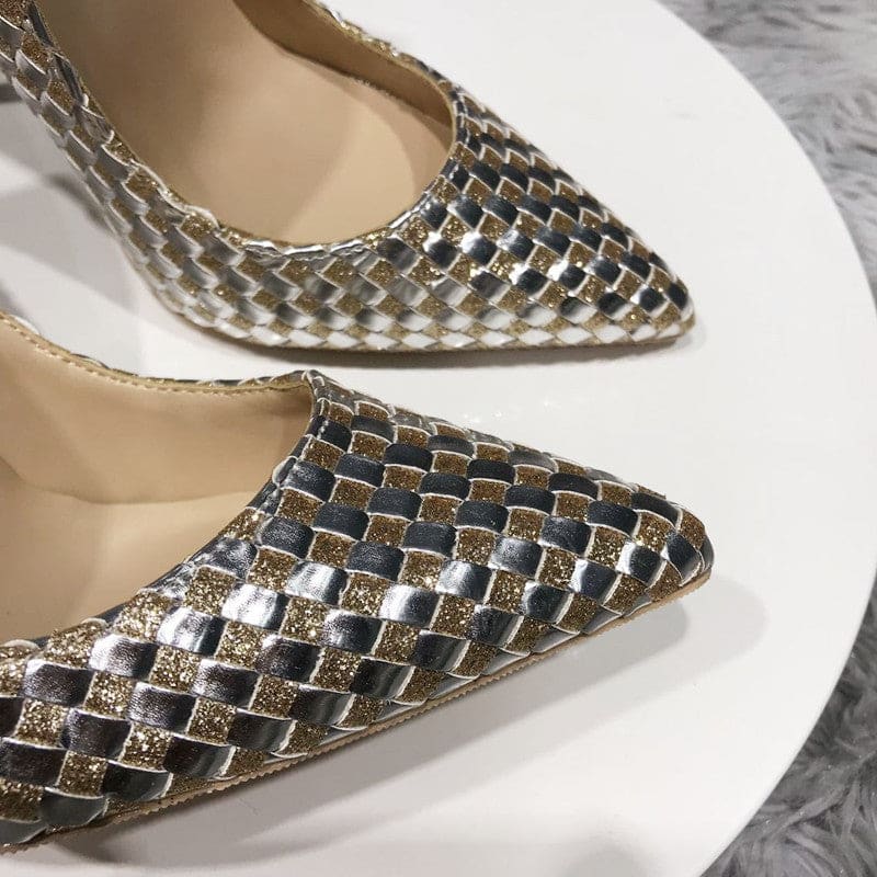 Pair of metallic gold woven leather high-heeled pumps.