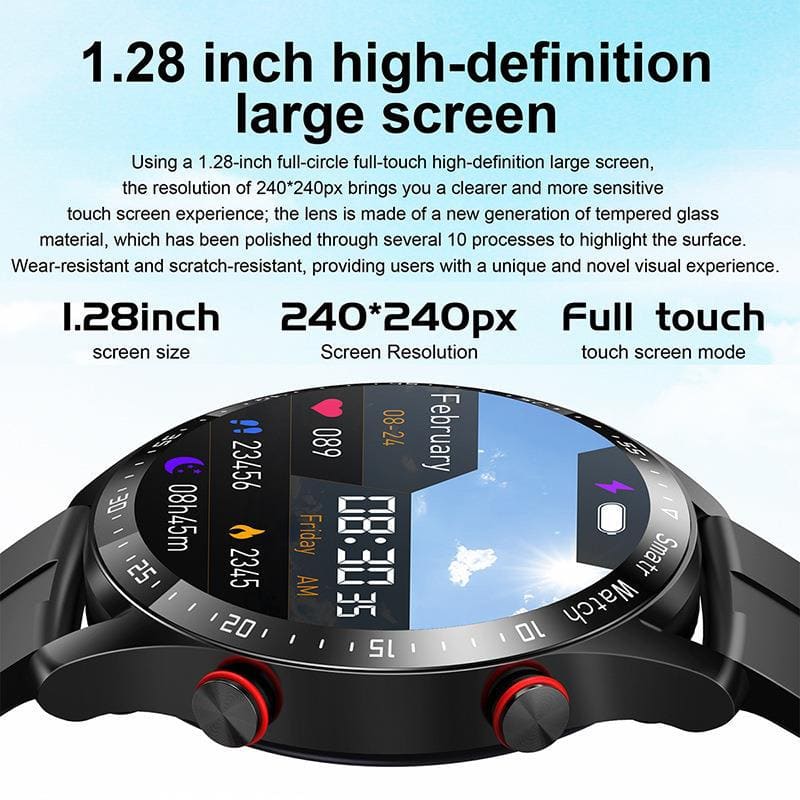 Smartwatch with a circular display and two side buttons.