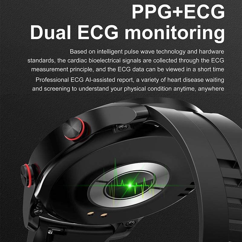 Sleek, black wearable device with a green illuminated display for ECG monitoring.