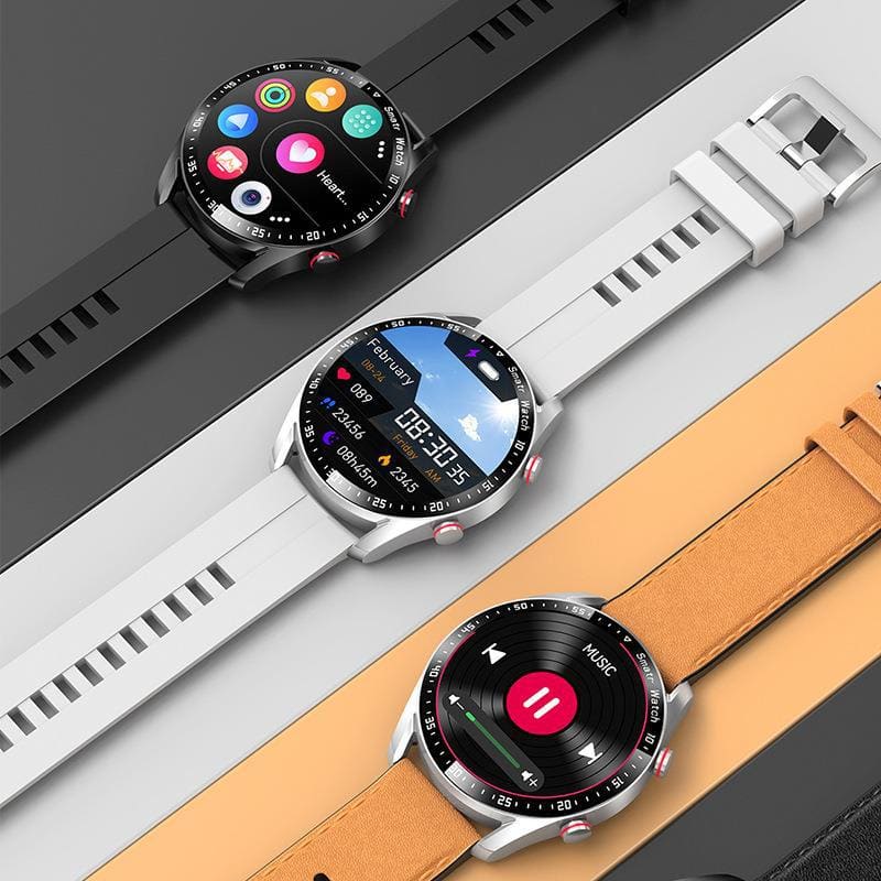 Three smartwatches with colorful digital displays and different colored wristbands.