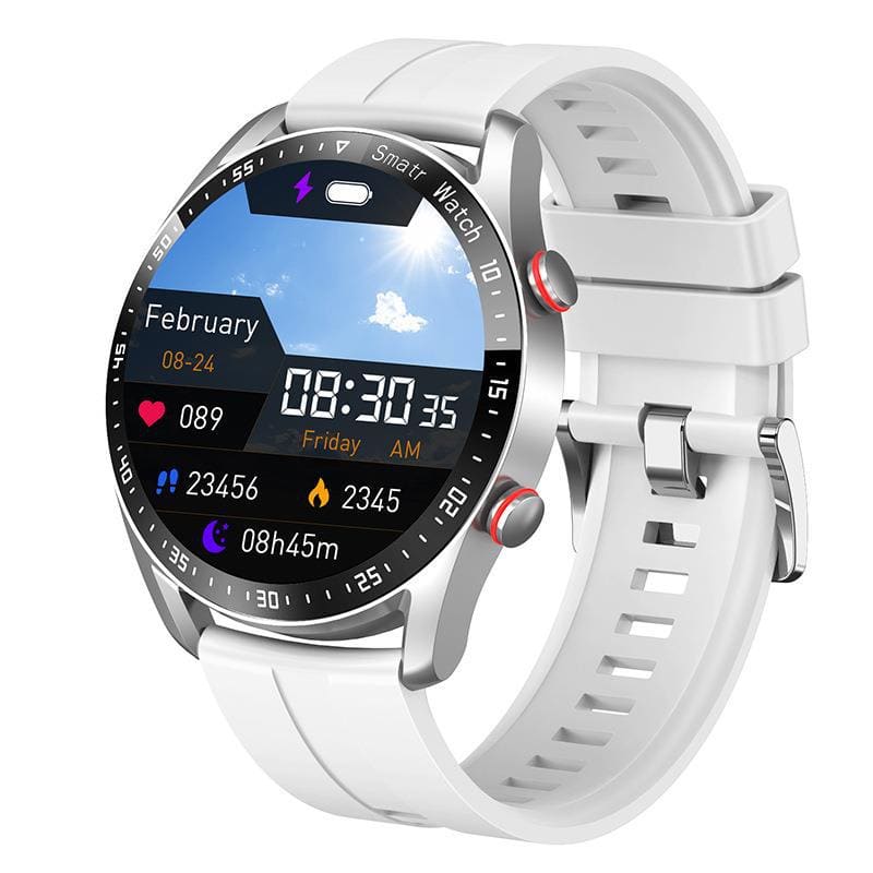 Smartwatch with a round display and white silicone strap.