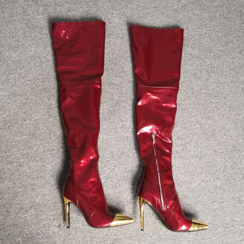 Slim Fitting Stretch Over-the-knee Burgundy Boots With Pointed Gold Toe - Pleasures and Sins