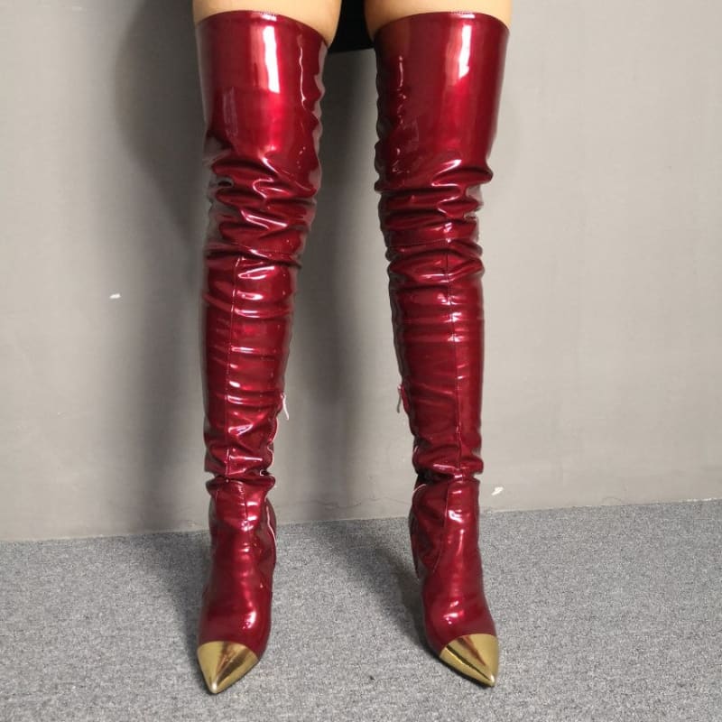 Slim Fitting Stretchy Over-the-Knee Burgundy Boots Burgundy