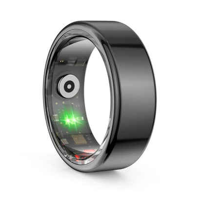 Smart ring with internal sensors and a glowing green light.