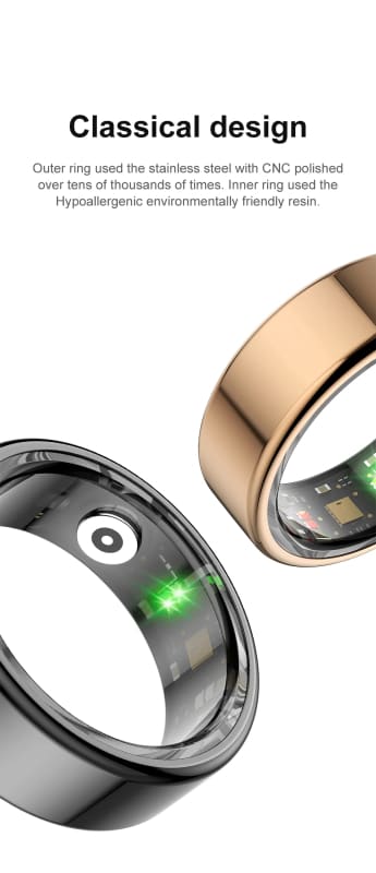 Smart rings with digital displays and metallic finishes in silver and gold tones.