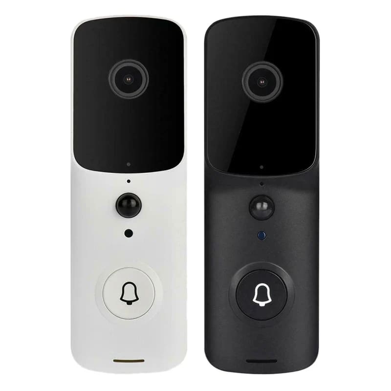 Smart video doorbells in white and black color options.