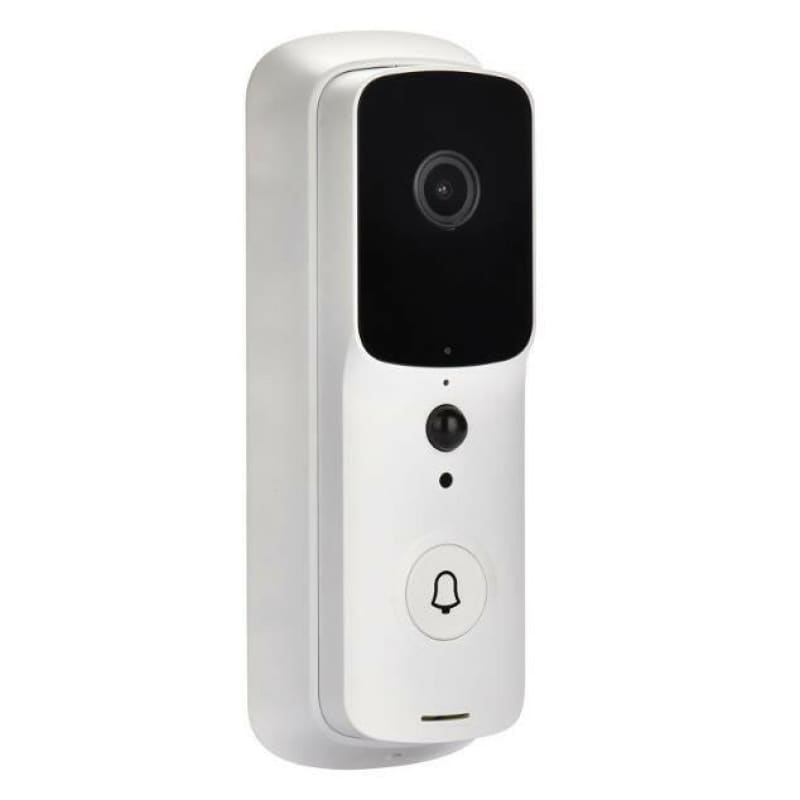 Smart video doorbell with a camera and bell button.