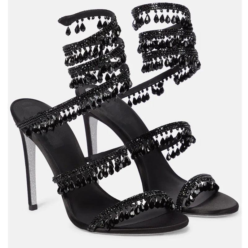 Snake Wrapped Rhinestone Tassel Open Toe Sandals Black / 34