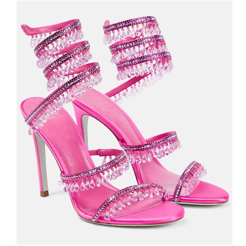 Snake Wrapped Rhinestone Tassel Open Toe Sandals Pink / 34