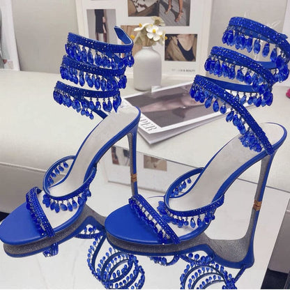 Snake Wrapped Rhinestone Tassel Open Toe Sandals