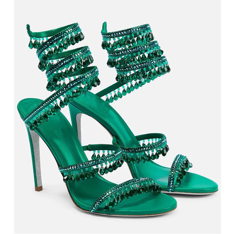 Snake Wrapped Rhinestone Tassel Open Toe Sandals