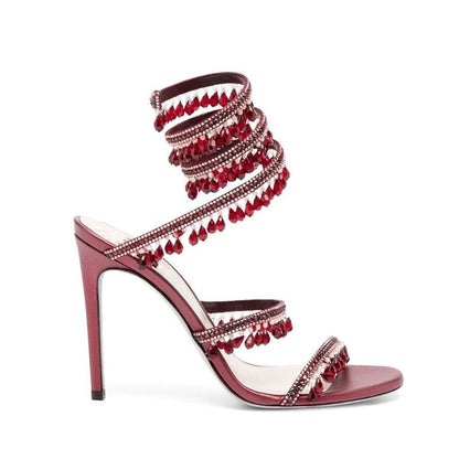 Snake Wrapped Rhinestone Tassel Open Toe Sandals