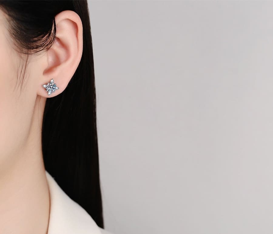 Snowflake-shaped stud earring with blue gemstones.