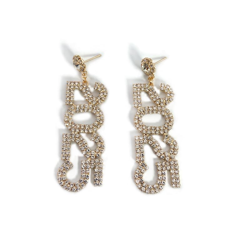 Pair of gold-toned rhinestone-encrusted ’BOSS’ dangle earrings.