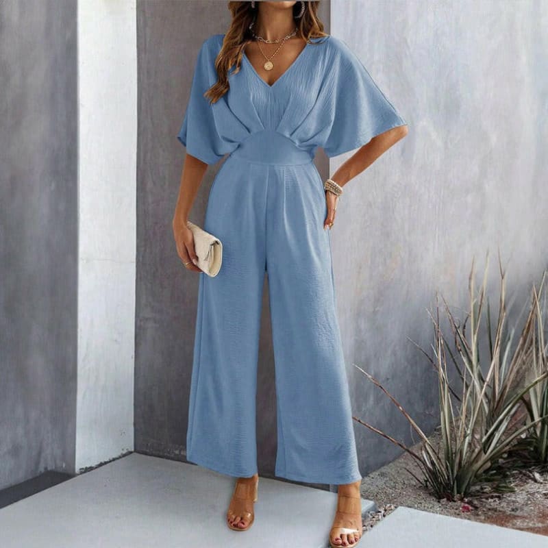 Spring Summer Color Casual Wide Leg Jumpsuit blue / S