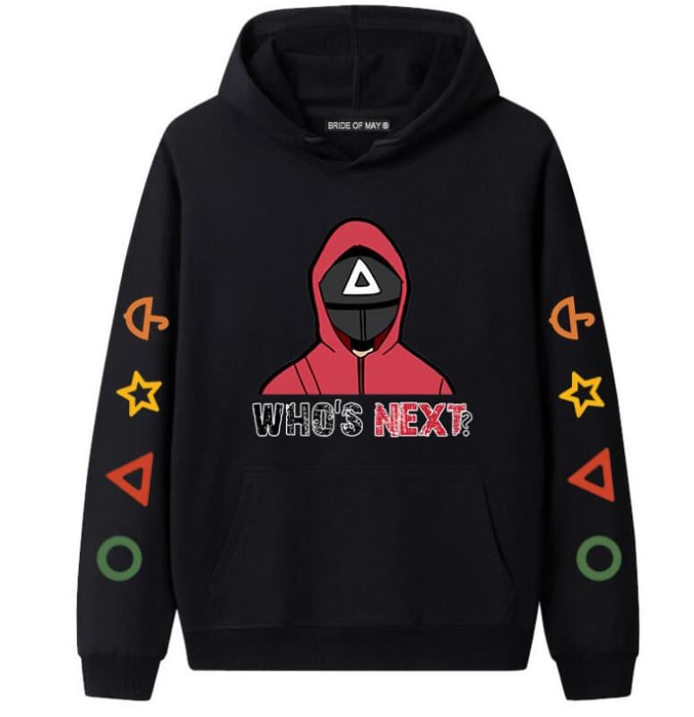 Black hoodie with a red hooded figure graphic and ’WHO’S NEXT’ text on the front, featuring colorful symbols on the sleeves.