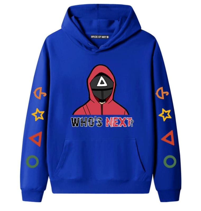 Blue hoodie featuring a graphic design of a hooded figure and the text ’WHO’S NEXT’ on the front, with colorful symbols on the sleeves.