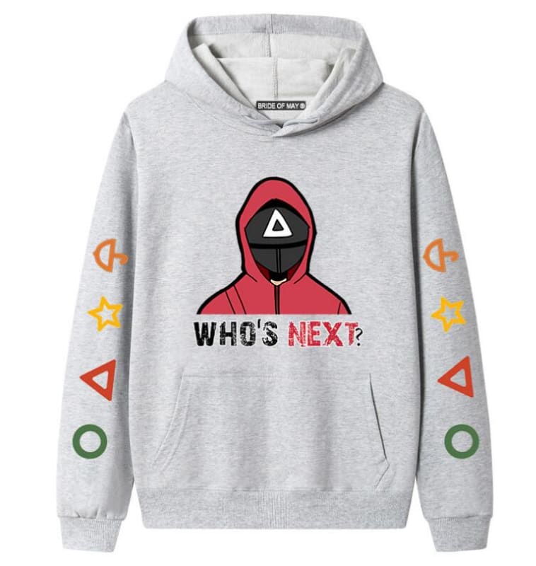 Light gray hoodie with a graphic design featuring a red-hooded figure and the text ’WHO’S NEXT?’ on the front, along with colorful symbols on the sleeves.