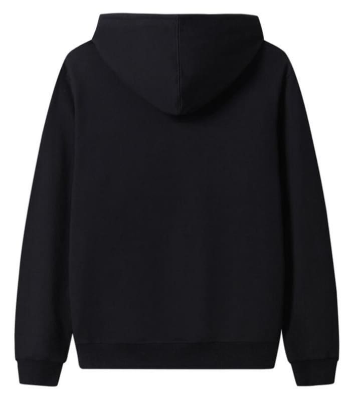 Black hooded sweatshirt or hoodie.