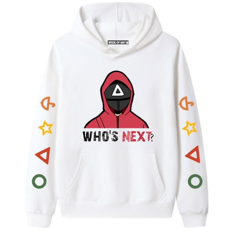 White hoodie featuring a graphic design of a red-hooded figure and the text ’WHO’S NEXT?’ on the front, with colorful symbols on the sleeves.