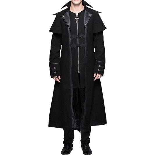 Long black gothic-style trench coat with a high collar and multiple zippers.