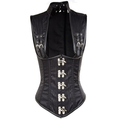 Black steampunk-style corset with metal clasps and straps.