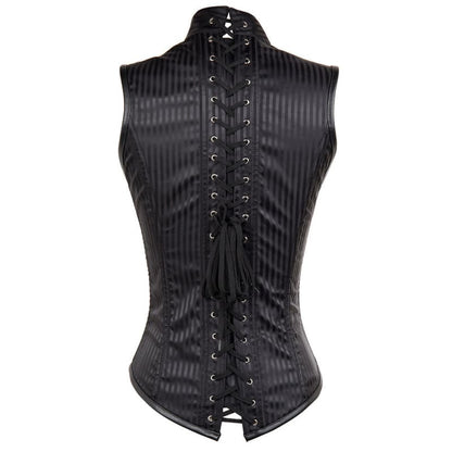 Black striped corset with lace-up front and high collar.