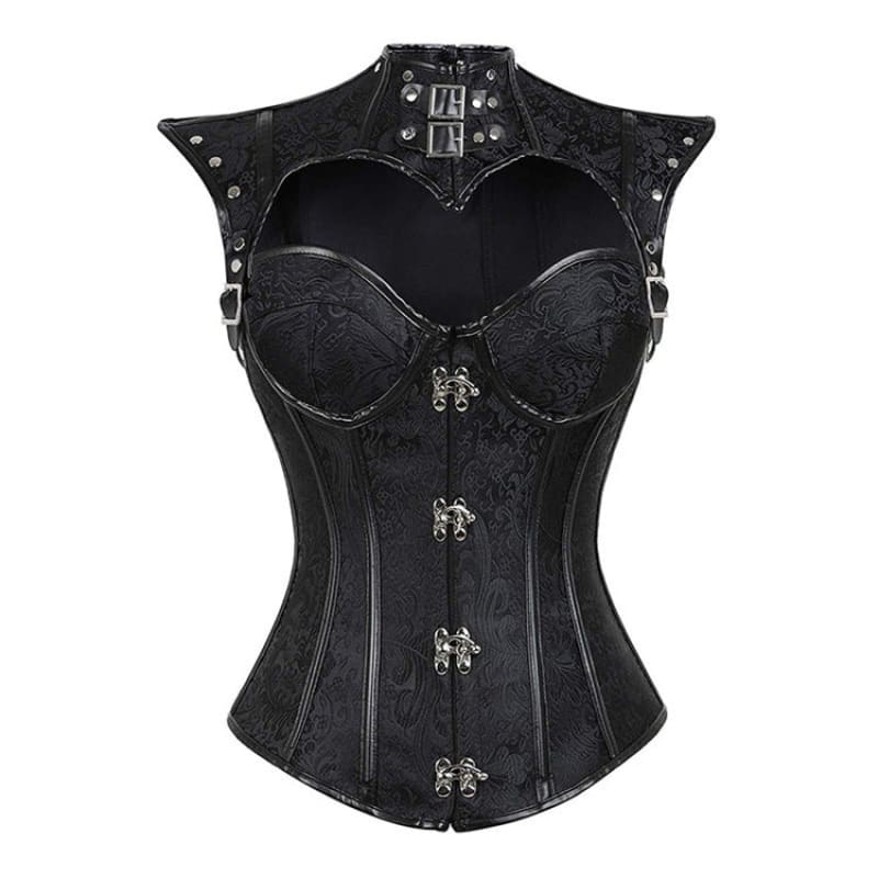 Black gothic corset with high collar, metal clasps, and studded details.