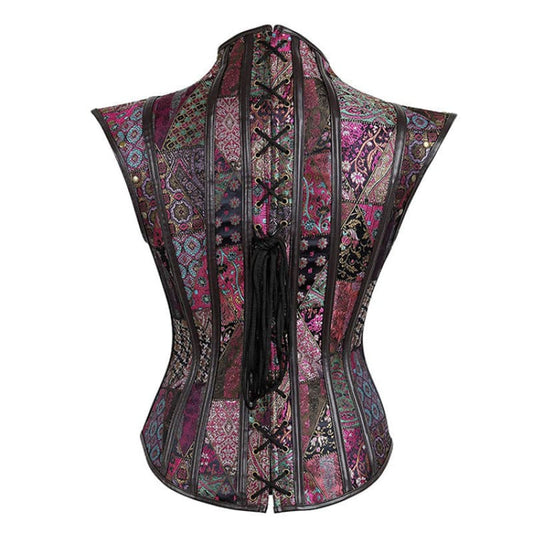 Ornate corset with a patchwork pattern of floral and geometric designs in shades of purple, pink, and black.