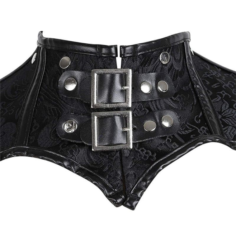 Black leather corset-style belt with metal buckles and studs.