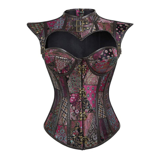 Ornate steampunk-style corset with intricate patterning in shades of black, purple, and pink.