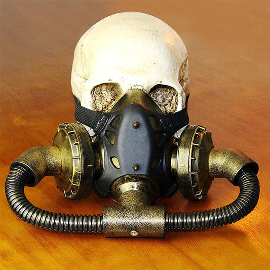 Human skull wearing a gas mask.