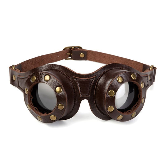 Steampunk-style goggles with brown leather frames and brass studs.