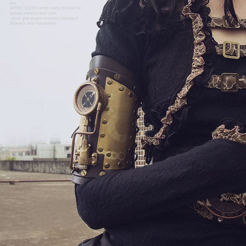 Leather Steampunk Industrial Design Compass Arm Bracelet - Pleasures and Sins   Pleasures and Sins