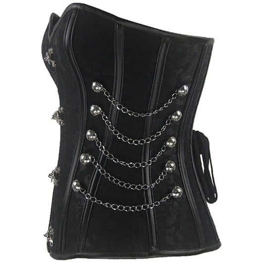 Black corset-style garment with metal chains and studs decorating the front.